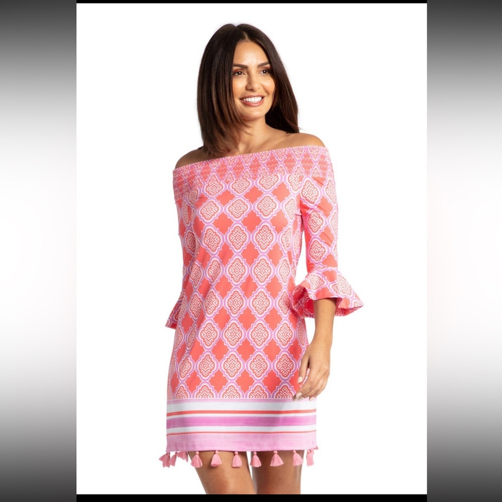 NWT! Cabana Life Geo Off Shoulder Shift Dress Coral Pink UPF 50+ wTassels Size S